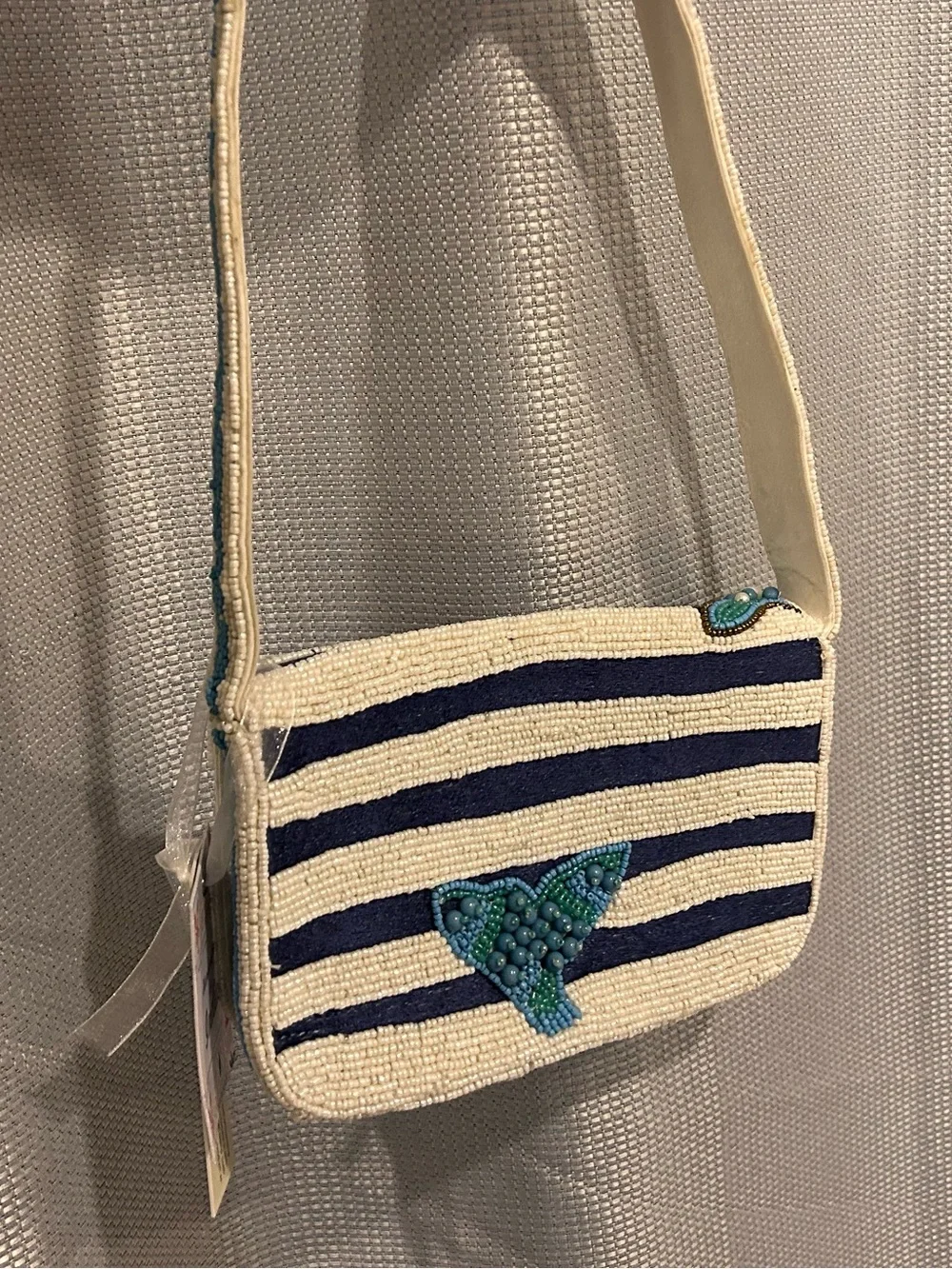 Handbeaded Kids Navy & White Striped Sea Creatures Crossbody Bag NWT
